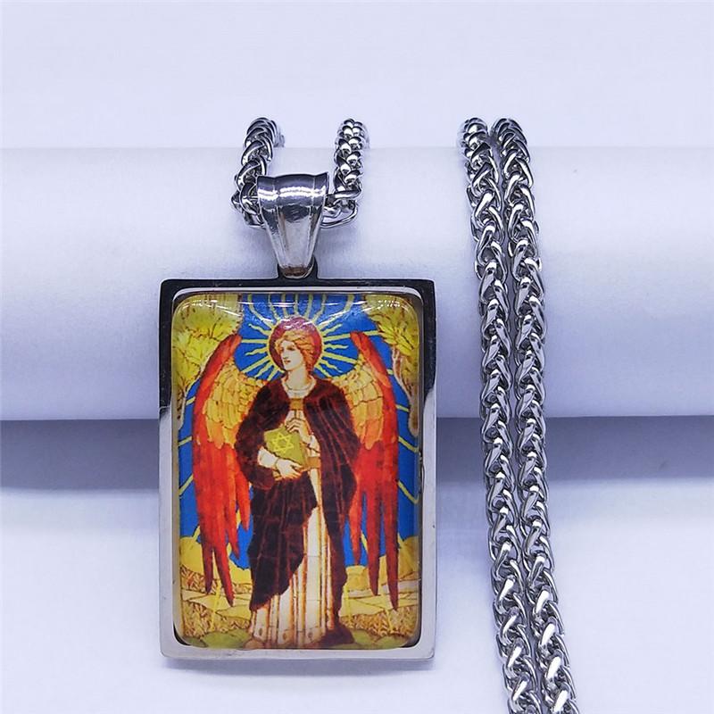 Archangel Saint Uriel Judaism Glass Stainless Steel Chain Necklace Silver Color Geometry Pendant Jewelry collier chaine NXS02