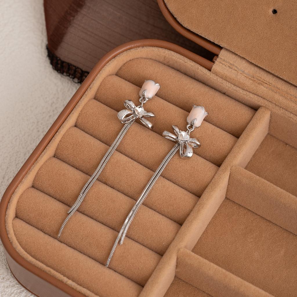 Tulip Flower Bow Long Tassel Diamond Stud Earrings Gentle Temperament Generous Earrings Sweet Earrings