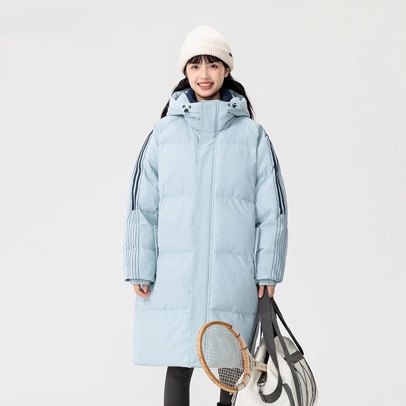 Gestreifte mittellange und lange Baumwolljacken für Damen, Winter, verdickte Baumwolljacken für Paare, mit Kapuze, neue Thermo-Baumwolljacken