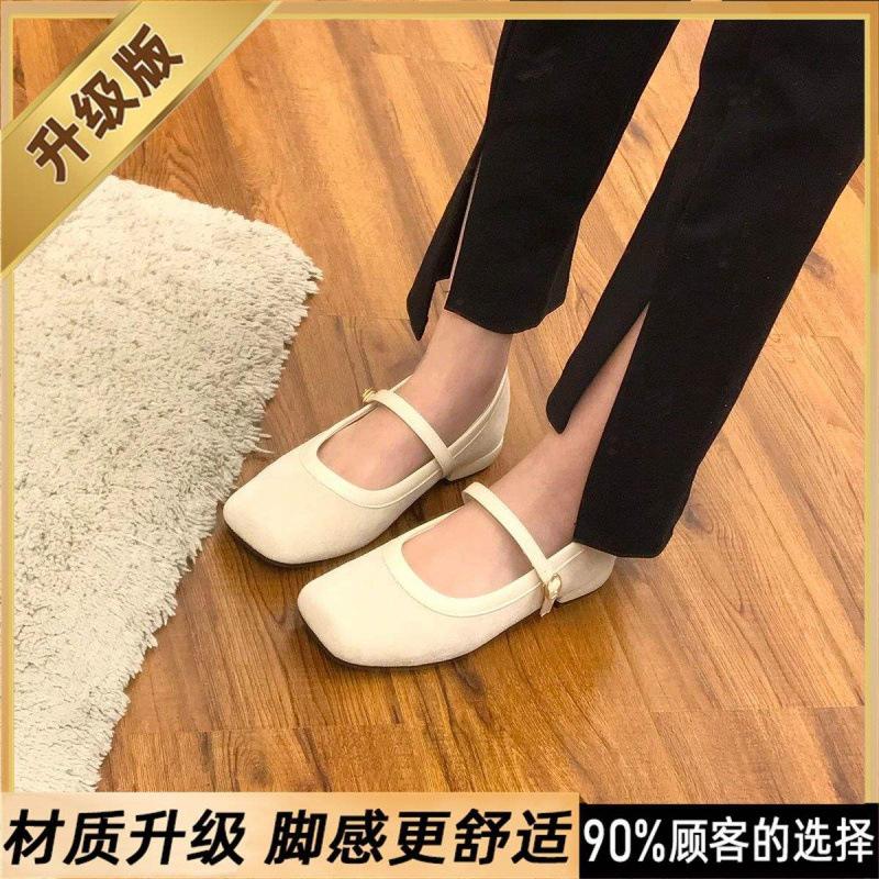 Fairy Wind Square Head Suede Medium Heel Grandma Shoes Girl 2025 Spring Versatile Vintage Soft Leather Mary Jane Coarse Heel Single Shoes Woman