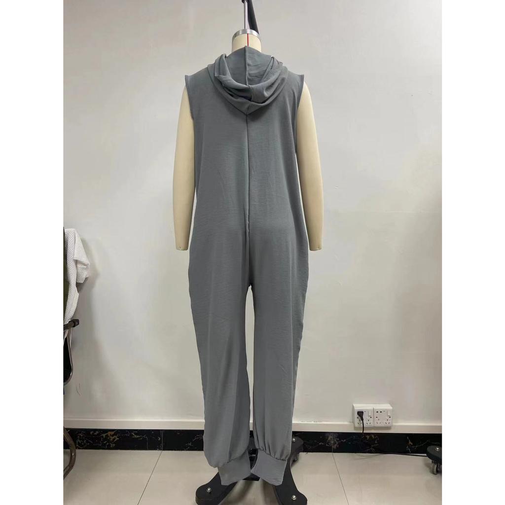 Women's Summer Casual Hooded Jumpsuit Loose Half Button Tapered Leg Romper Overall Pants