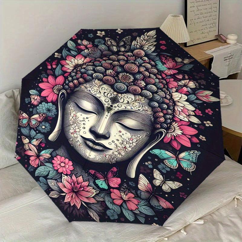 1pc Buddha Flowers Print Umbrella -Home Travel Portable Outdoor Accessories, Multi-functional Umbrella Gift0817003