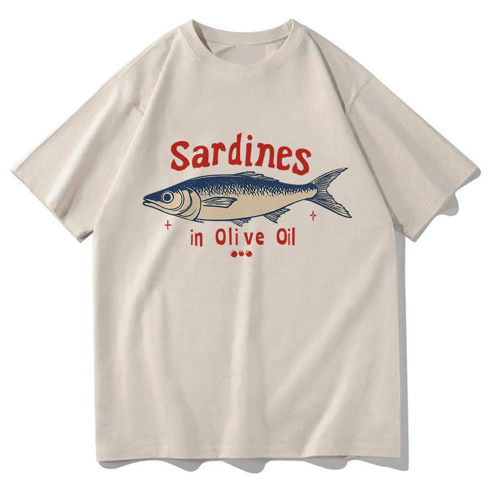 Aceite de oliva sardinas azul - rojo esta camiseta es divertida camiseta de mujer patrón de verano