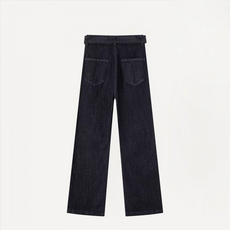 Womens High-Waisted Slim Straight Jeans With Elastic Waistband Deep Blue Stretch Denim Pants Long Length