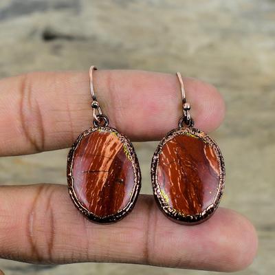 Rode Slangenhuid Jaspis Oorbel Elektrogevormde Koperen Oorbellen Natuurlijke Edelsteen Sieraden Handgemaakte Oorbel Prachtige Koperen Sieraden Huwelijksgeschenken