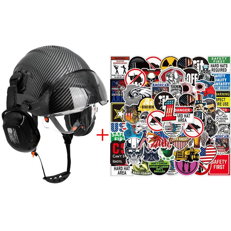 

Construction Carbon Fiber Safety Helmet w/ Double Goggles Earmuffs 50Pcs DIY Stickers ABS Hard Hat Climbing Ride Protective Cap
