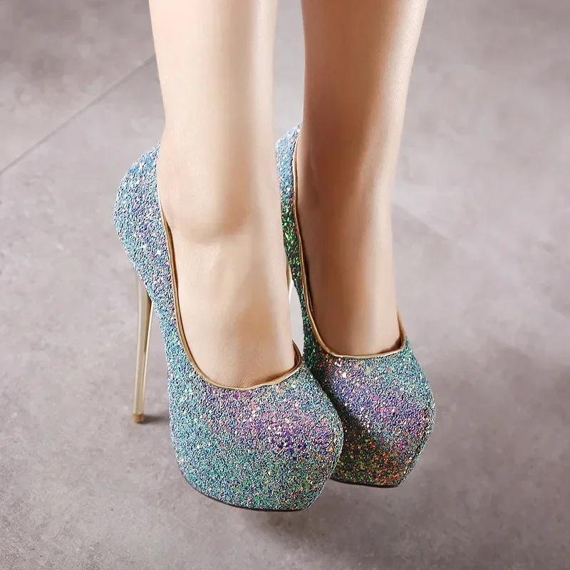 Scarpe sexy con plateau basse Donna Décolleté Testa Rotonda Paillettes Scintillanti Slip-On Tacchi Alti Ultra Sottili Scarpa da Festa Matrimonio Zapatos