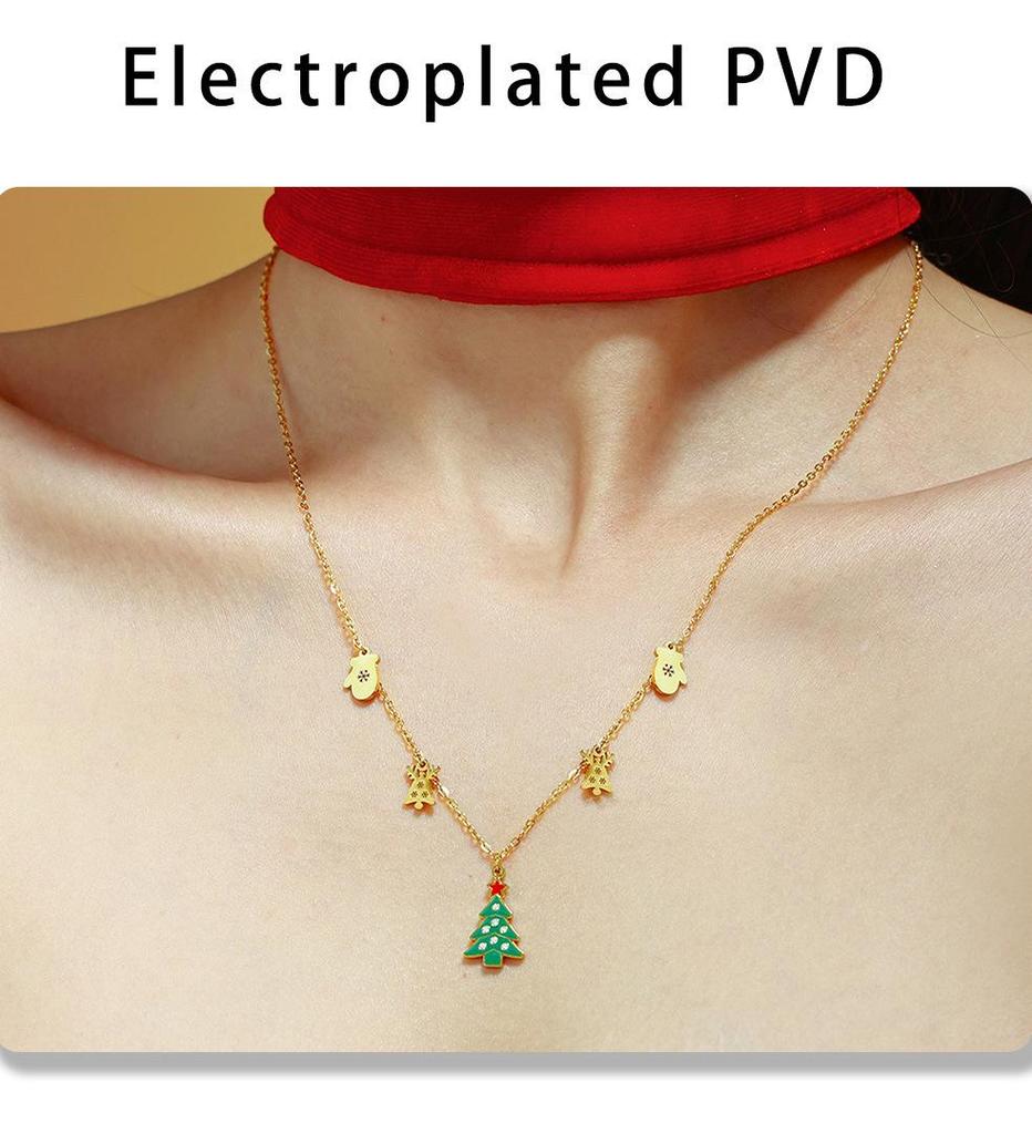 Green Zircon Sugar Cube Christmas Tree Drip Necklace: Romantic Titanium Steel Multi-Pendant Clavicle Chain Gift for Women