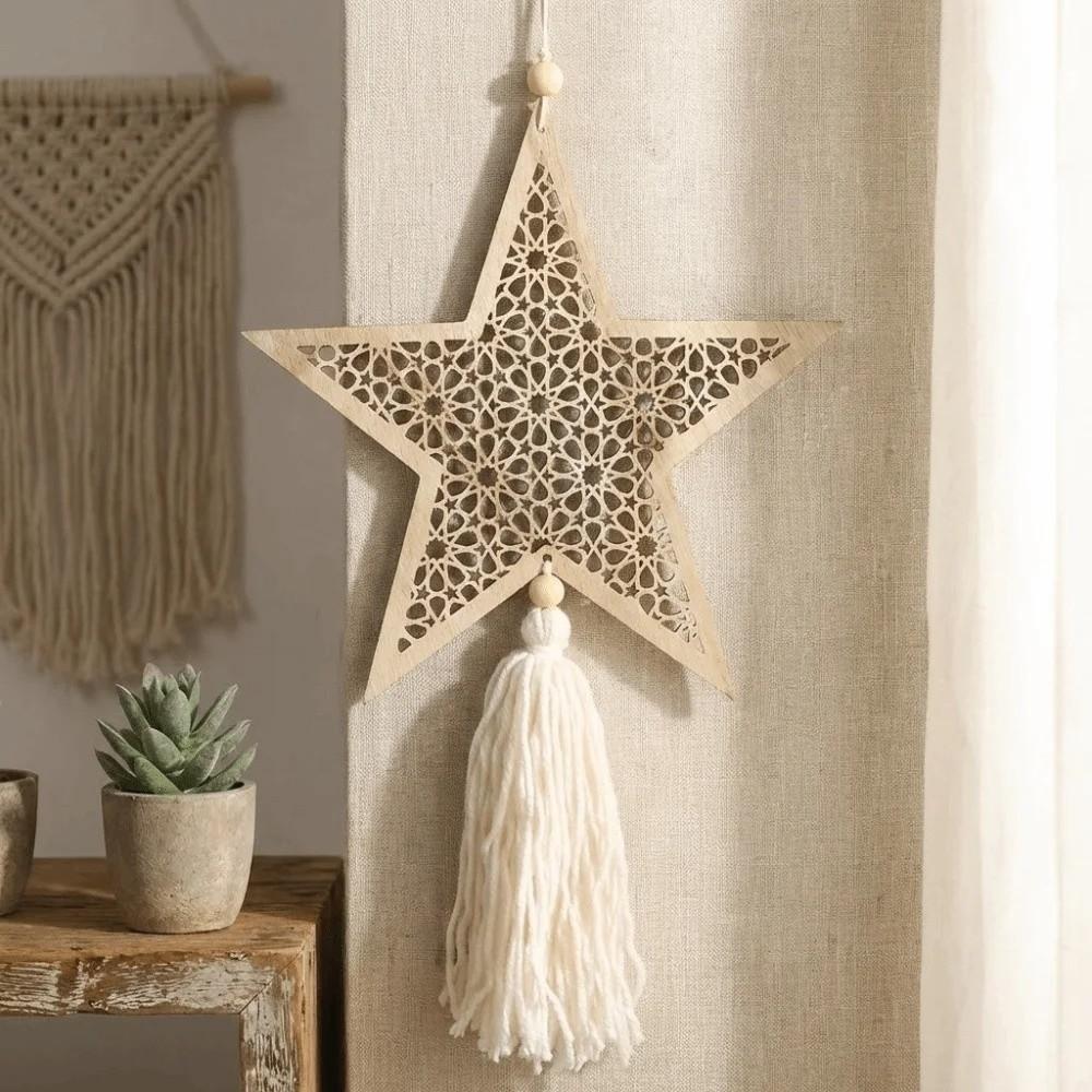 Handmade Ramadan Hanging Ornaments Hollowed-out Traditional Moon Star Hollow Mesh Wall Decor With Tassel