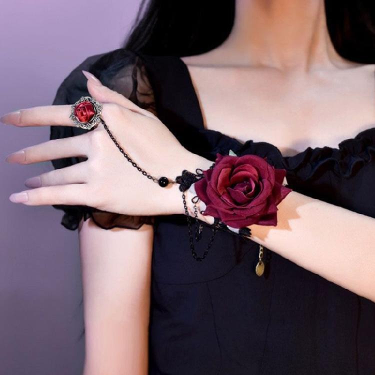 Fingerless Rose Flower Gloves Gothic Chain Wrist Guard Cuff Sleeves Halloween DressUp Wristband