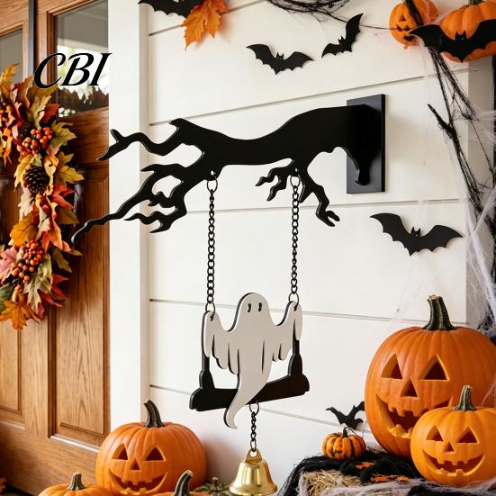 Even Color Filling Halloween Decor Wall Mounted Hanging Bell, Clear Sound Ghost/Bat Decorative Carved Dinner Bell for Outdoor Front Door Garden Porch