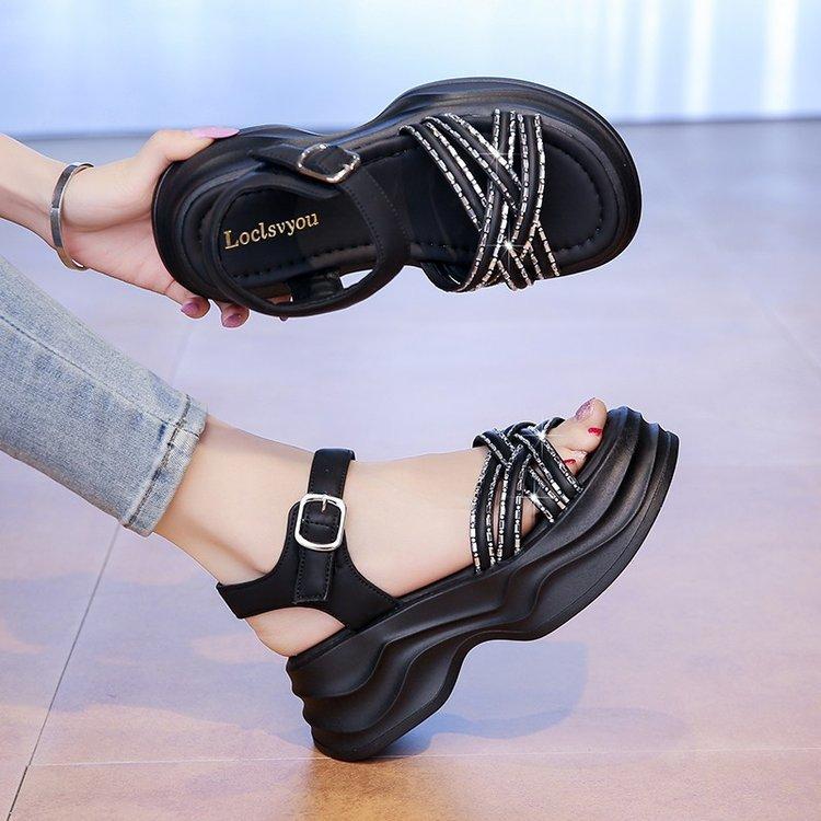 Platform sandals women 2025 summer new muffin versatile open-toed rhinestone soft sole one-word buckle fairy wedge heel shoes