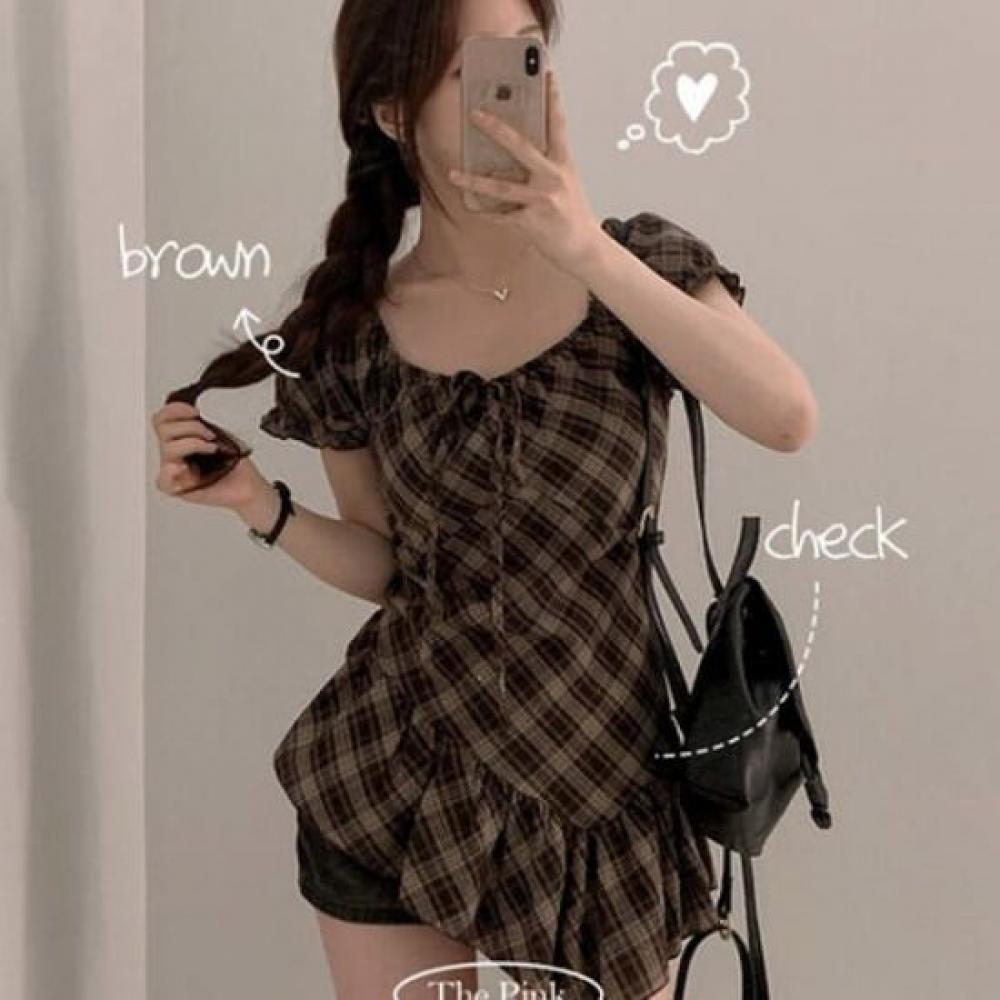 The Pink Women S Check Ribbon aSymmetric Short Sleeve blouSe