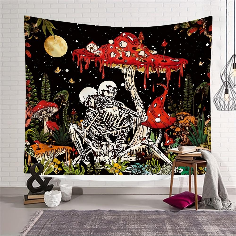 Romantic Skeleton Couple & Magic Forest Tapestry - Vibrant Mushroom, Butterfly & Starry Night Design