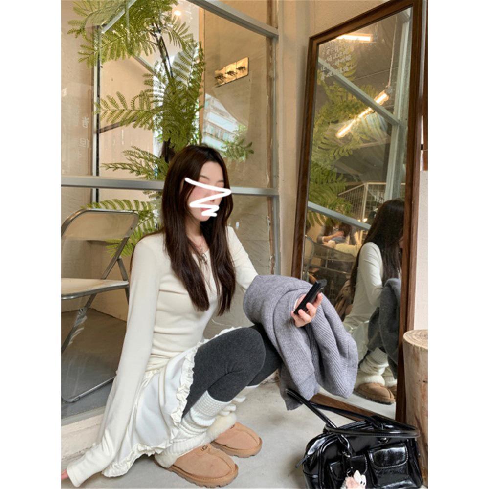 DeRong 2025 Autumn/Winter Women's Lace Trim Slim Fit Long Sleeve T-shirt