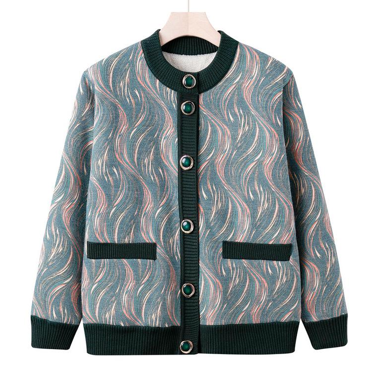 

Middle-aged and Elderly New Style Mother Suit Plus Velvet Thick Cardigan Sweater Grandma Autumn and Winter Sweater Female Old Lady Coat 3XL зелёный