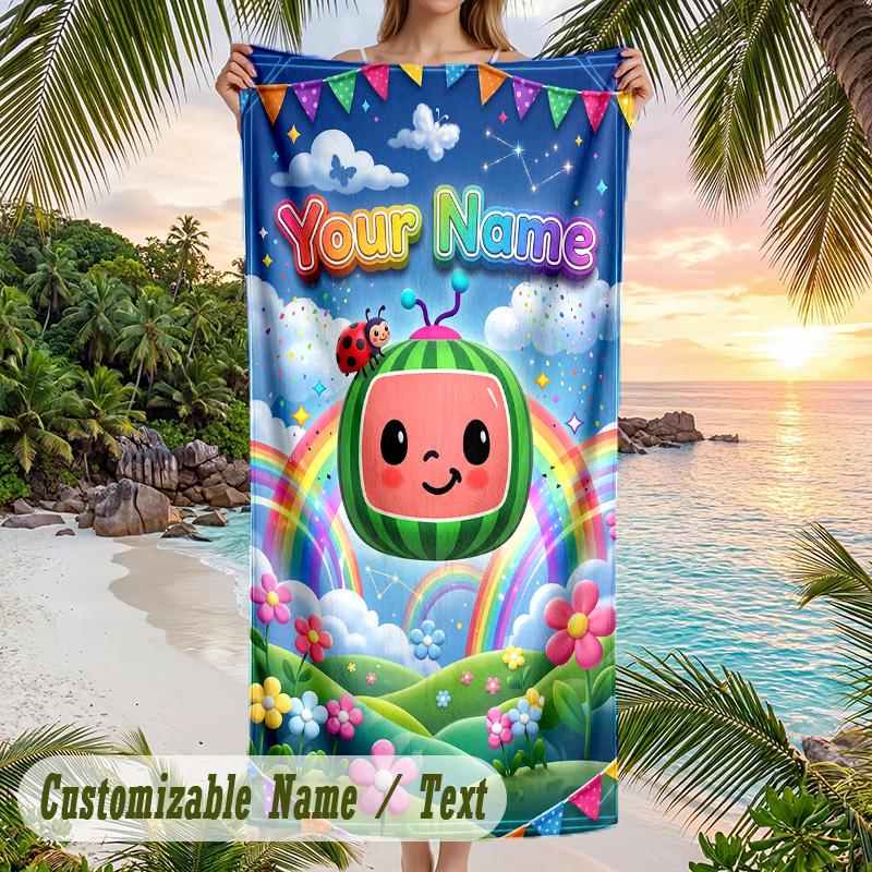 Cocomelon Beach Towel, Personalized Custom Text, Quick Dry Soft Large Towel For Swimming Pool Travel