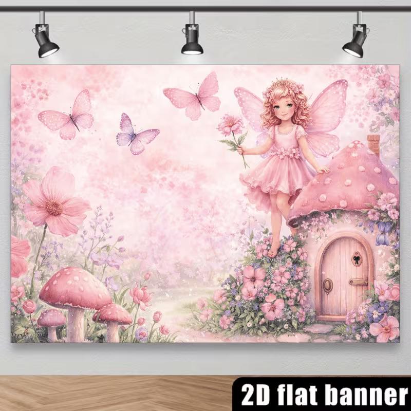2D Pink Fairy Party Backdrop Magical Butterfly & Mushroom Background Banner