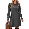 Autumn and winter polished pit strips solid color round neck bubble sleeves medium and long dresses women's clothing