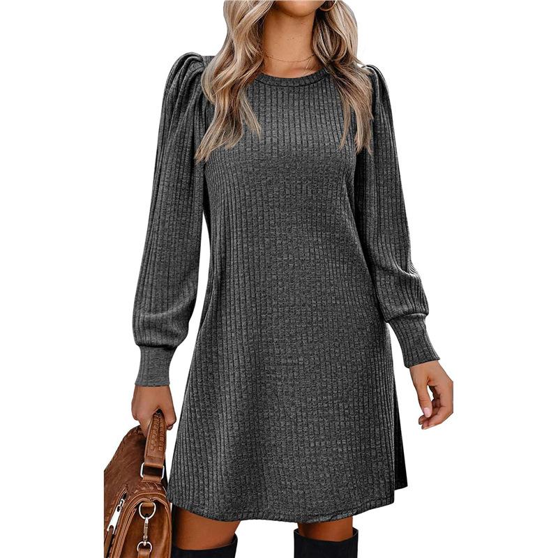 Autumn and winter polished pit strips solid color round neck bubble sleeves medium and long dresses women's clothing