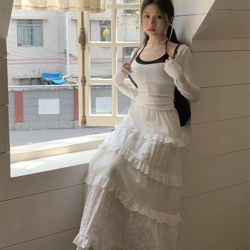 Gonna Maxi Estiva Donna Bianca Ruffle Pizzo A Strati Plaid Occhiellato Spiaggia