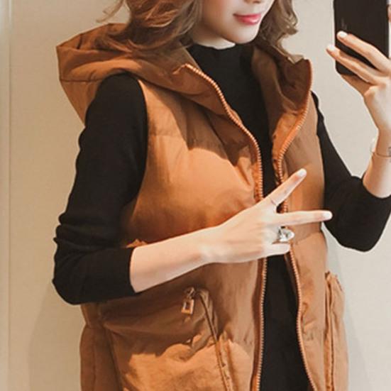 Dámská péřová vesta se stojáčkem, silný dlouhý kabát bez rukávů s kapucí, prošívaná puffer bunda na zip