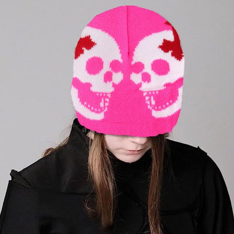 Knit Double Skull Beanie Hat for Students Adult Windproof Foldable Winter Hat Handmade Halloween Keep Warm Cycling Hat