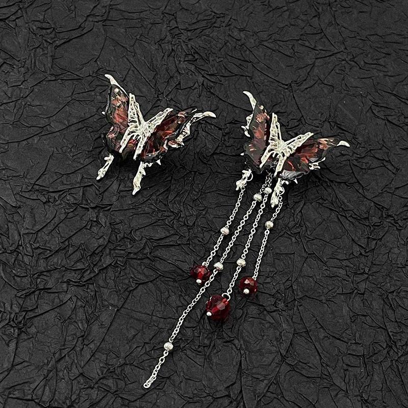 Elegent Blue Starry Sky Butterfly Earrings for Women Long Tassels Chain Zircon Luxury Red Drop Earrings Sweet Cool Y2K Jewelry