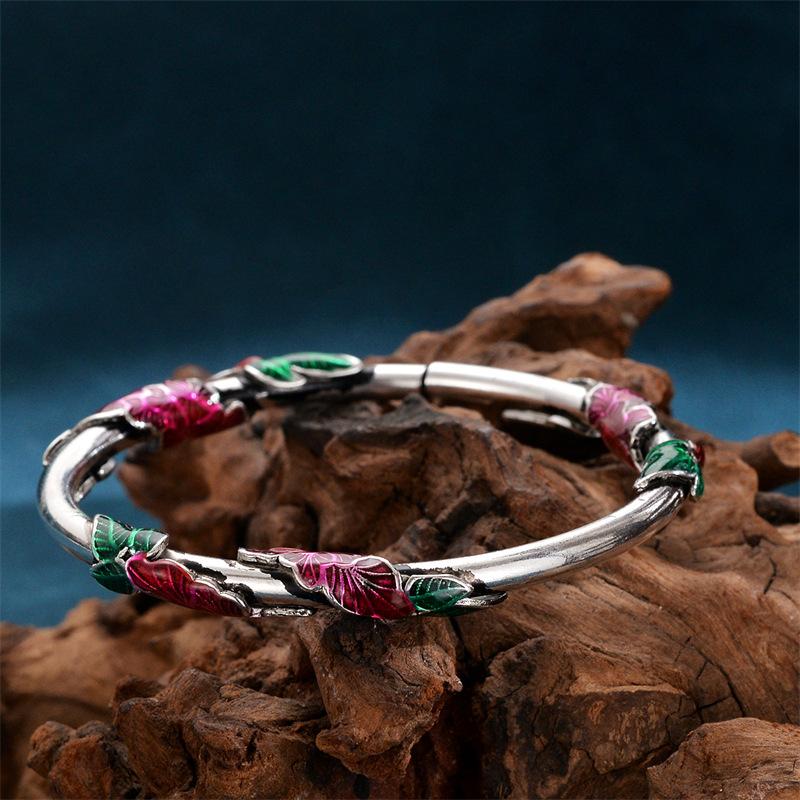 New Flower Burnt Blue Vintage Enamel Color Bracelet Women's Cloisonne Lotus Edge Leaf Silver Bracelet As A Birthday Gift for Mom