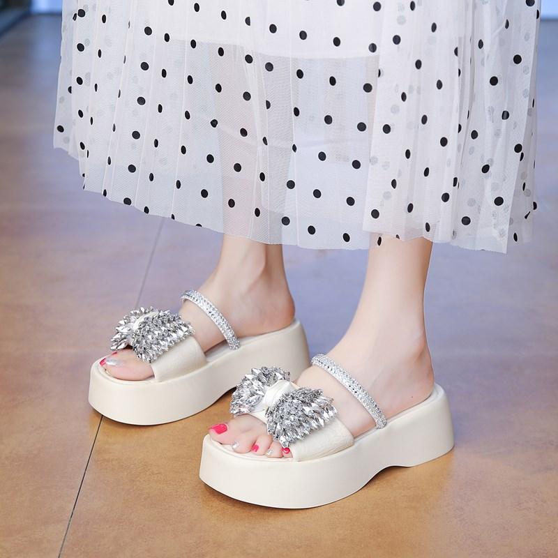 CRLAYDK Women's Slippers Strap Rhinestone Sandals Slip On Outdoor Summer Ladies Platform Shoes Walking Casual Travel Slides