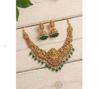 South Indian Temple Jewellery Set | Antique Gold Plated Lakshmi Long Necklace with Green Bead Drops & Jhumka Earrings