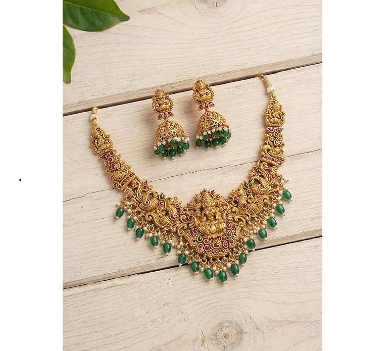 South Indian Temple Jewellery Set | Antique Gold Plated Lakshmi Long Necklace with Green Bead Drops & Jhumka Earrings