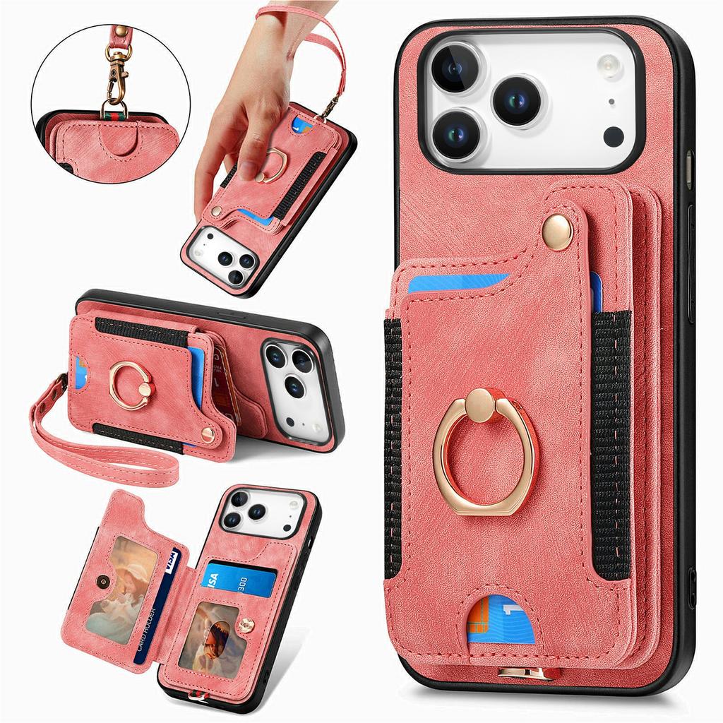 For iPhone 17 Pro Retro PU Leather Case Phone Cover with RFID Blocking Card Holder   /   Ring Holder