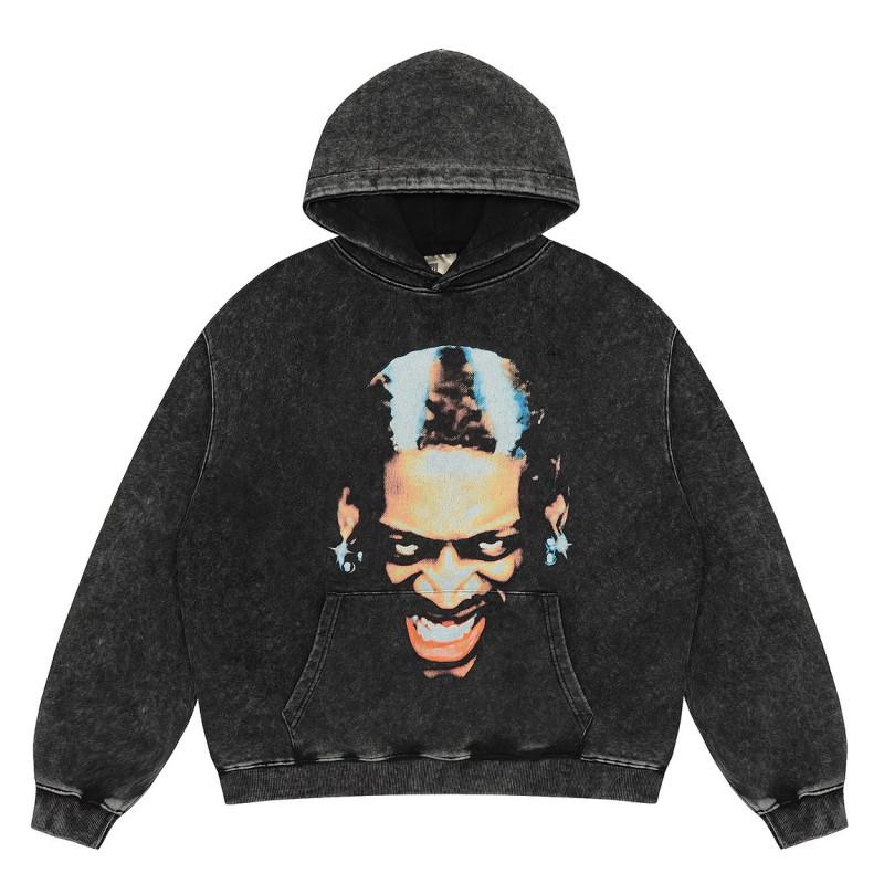 Mens Vintage Washed Hoodie With Distressed Graphic Print Loose Fit Cotton Pullover Fall Casual Wear
