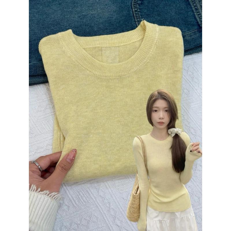 Grey soft waxy round neck pullover bottoming sweater knitted sweater women's spring slim and thin inner shoulder top