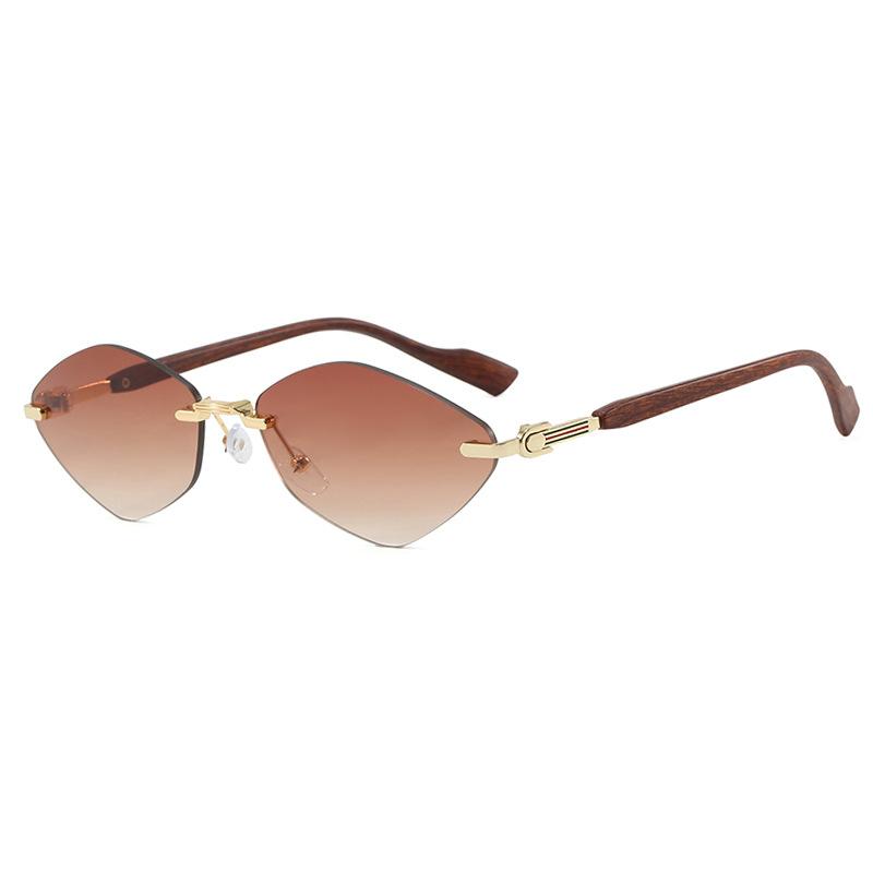 European and American rhombus frameless trimmed sunglasses metal sunglasses wood grain fashion sunscreen UV protection sunglasses women