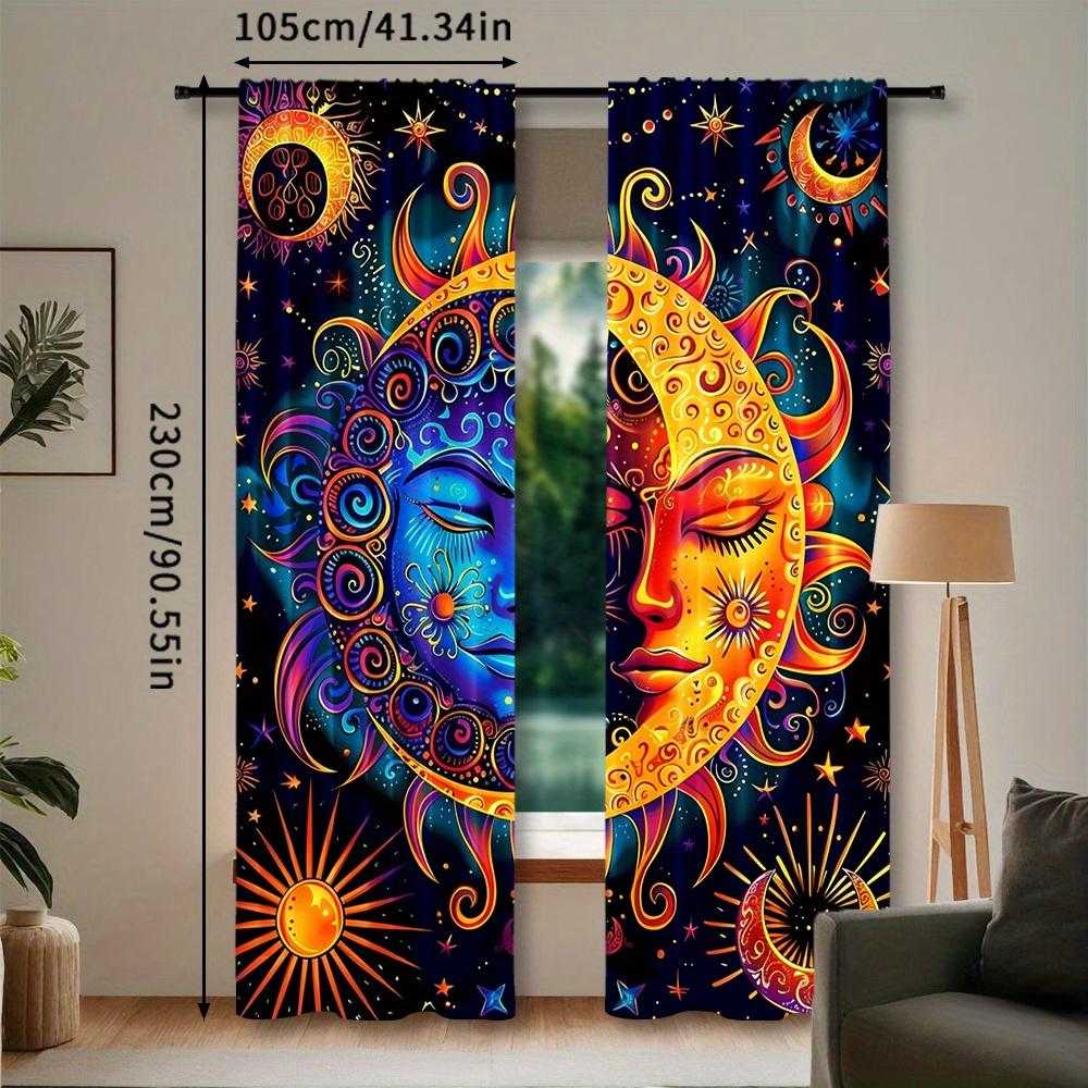 2pcs Colorful Abstract Sun and Moon Curtains – Vibrant Fantasy Style Drapes with Rod Pocket   Digital Printed Polyester   Perfect