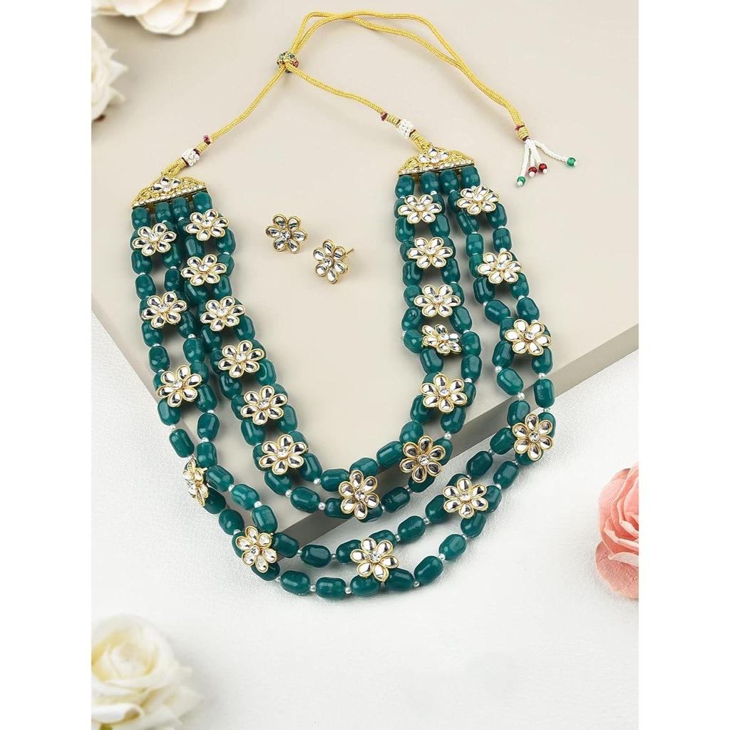 Green Beads & Floral Kundan Necklace Set For Women