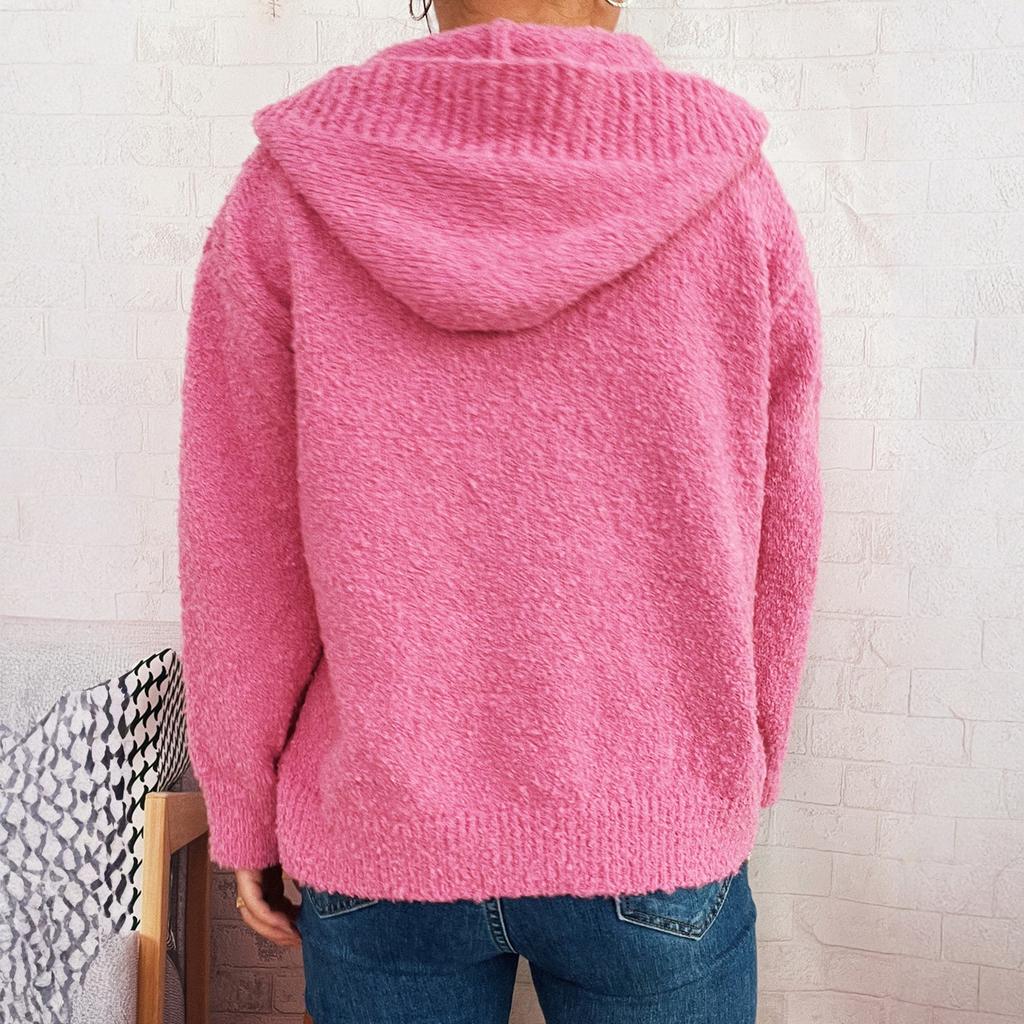 Women's Fashion Casual Thickened Hooded Single-Breasted Long-Sleeved Cardigan Button Knitted Sweater Jacket