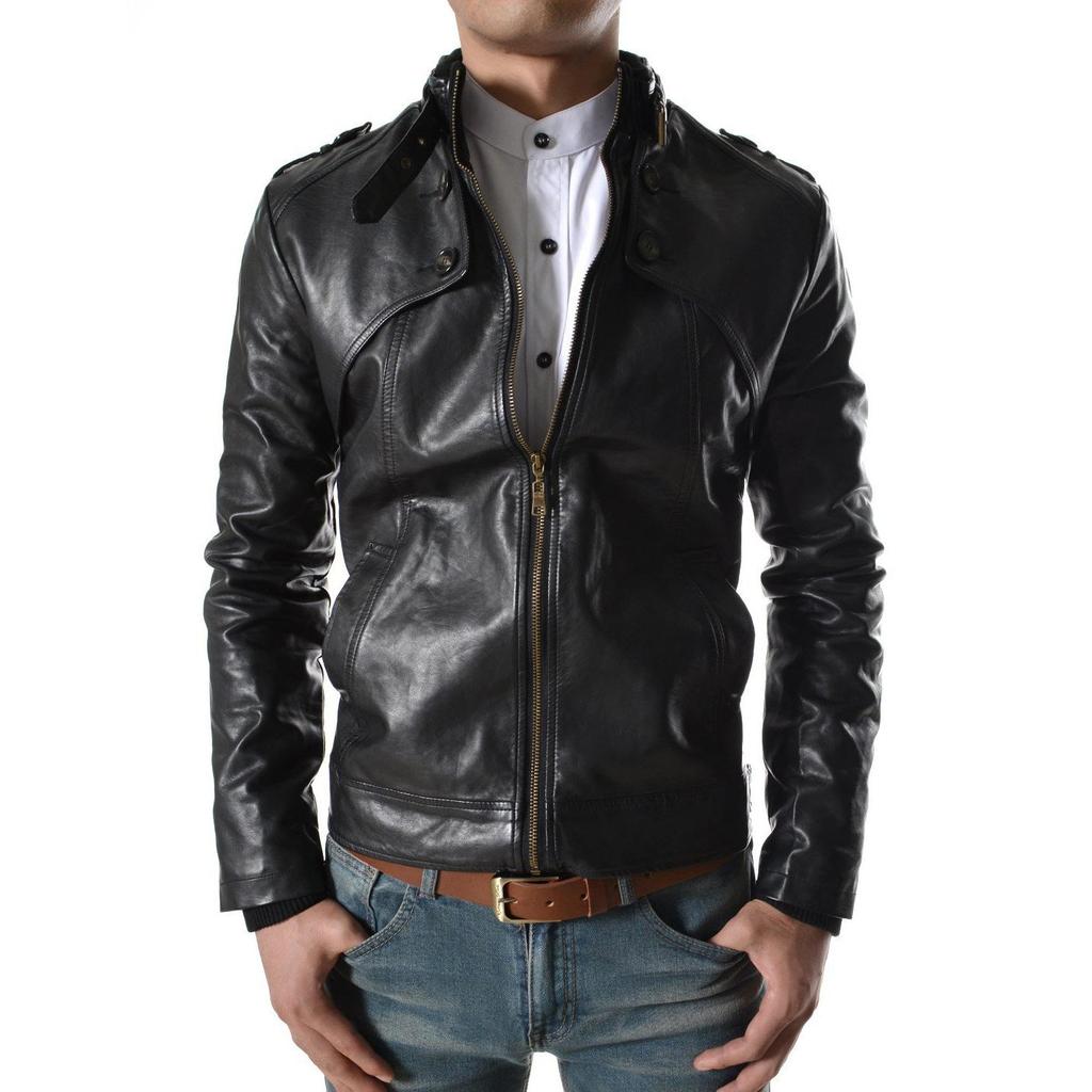 SkinOutfit Men's Genuine Lambskin Black Leather Jacket Stylish Motorcycle Bomber Biker Outerwear MJ 128