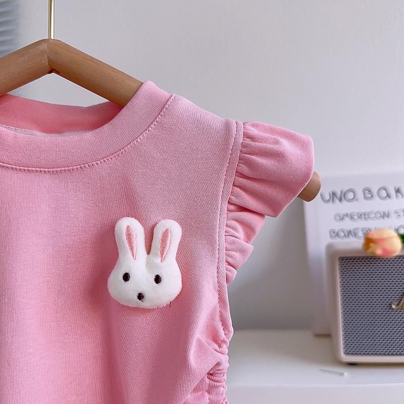 Girls' Summer Cute Rabbit Top & Skirt Set with Fly Sleeves