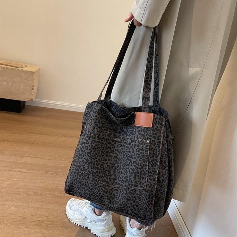 Large Capacity Leopard Print Shoulder Bag Square Women Handbag Simple Canvas Tote Bag  Shopping