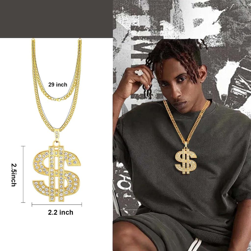 Money Chain Necklace Dollar Sign Chain Gold Dollar Sign Necklace Hip Hop Gold Money Chains For Men With Pendant, Long Big Fake Gold Necklace