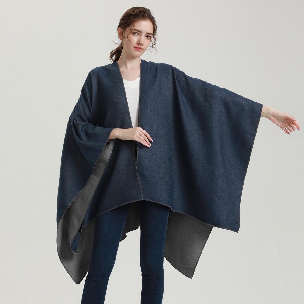 Reversible Cashmere-Feel Women's Poncho Shawl for Spring and Autumn