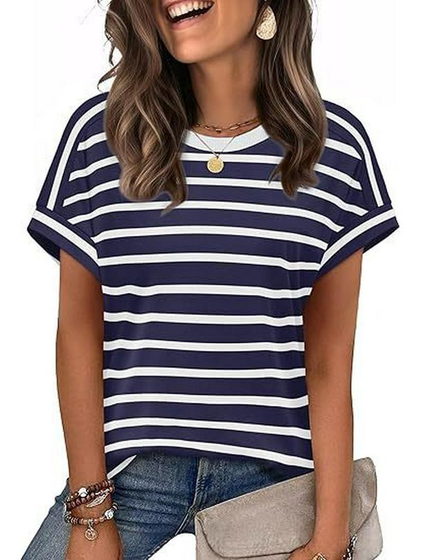 New Arrival Women's Round Neck Striped Color Block Casual Short Sleeve T-shirt