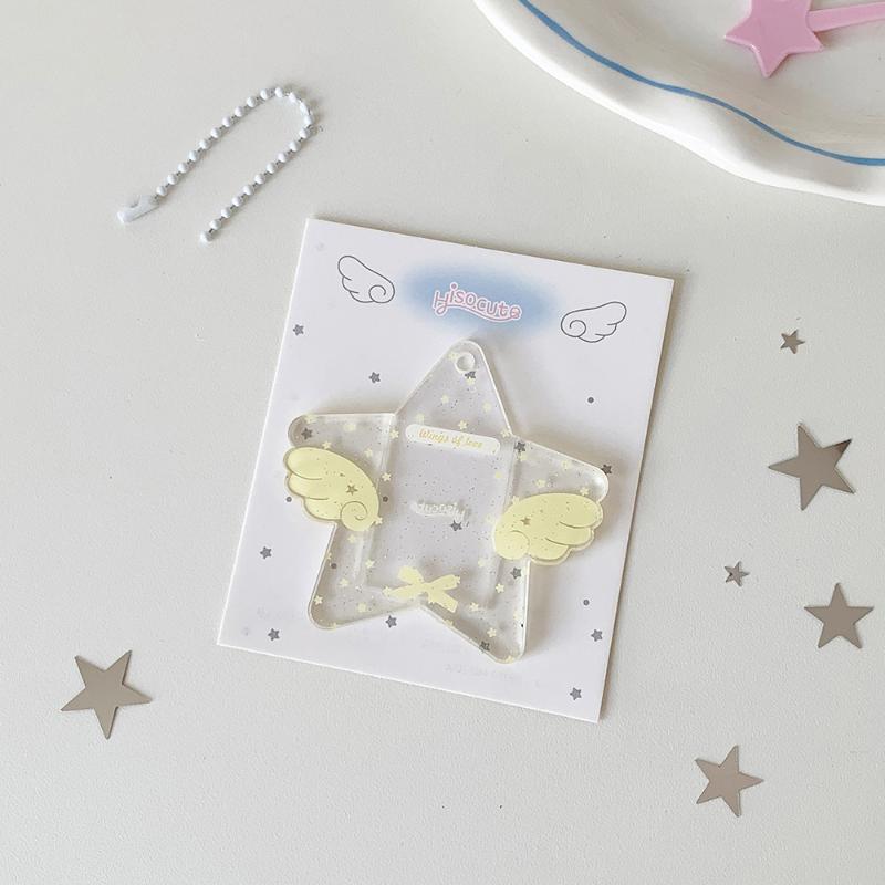Kawaii Star Wing Acrylic Photocard Holder Keychain, Cute Glitter Kpop Idol Photo Sleeve Pendant for Collectibles