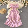 Vintage French Fairy Floral High-Waist Slimming Long Dress with Pleated Drawstring Waist and Big Swing