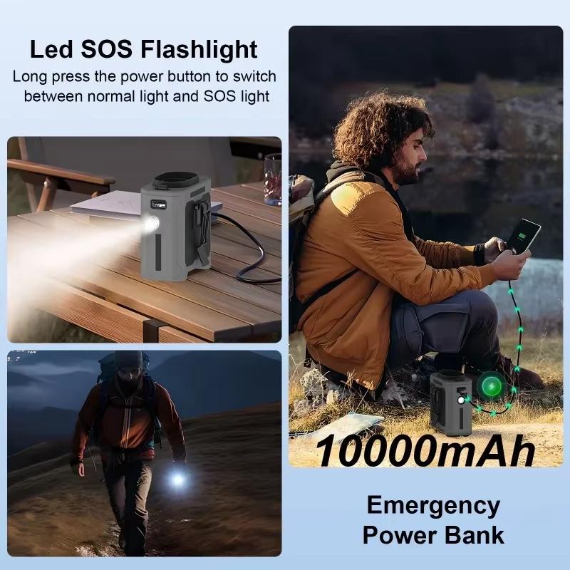 10000mAh Portable Outdoor Waist Fan Hanging Neck Strong Wind with Power Bank LED Lighting for Emergency Sports Outdoor Working