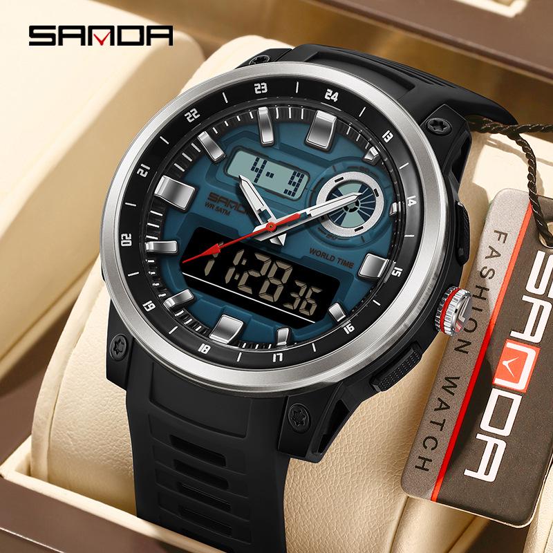 SANDA Multifunction Waterproof Digital Watch with Fluorescent Display, 29 Time Zones, Daylight Saving, 4 Alarms, Student-Friendly