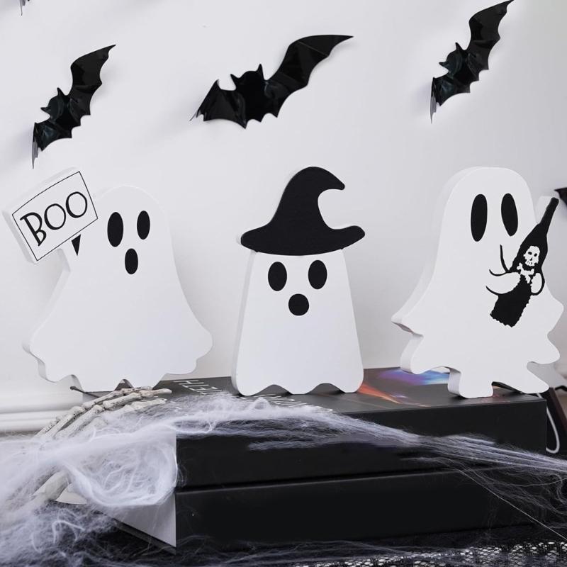 Halloween Cartoon Ghostly Decors Figurine Table Sign Set Of 3 Tiered Tray Ornaments For Mantels Shelves Seasonal Crafting